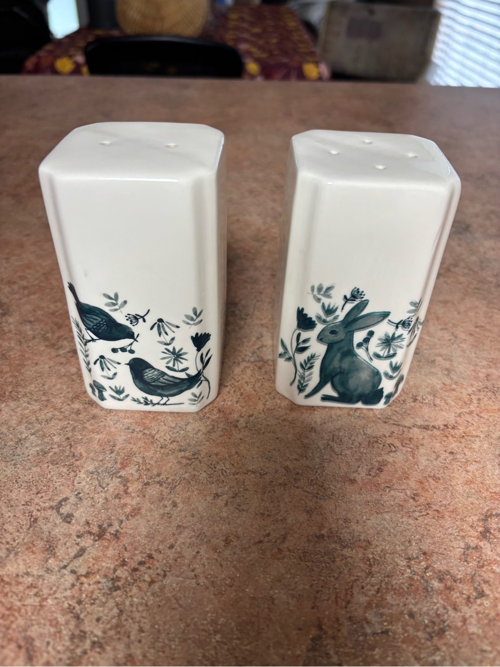 Blue & Ivory Botanical Bunny & Birds Ceramic Salt and Pepper Shaker Set